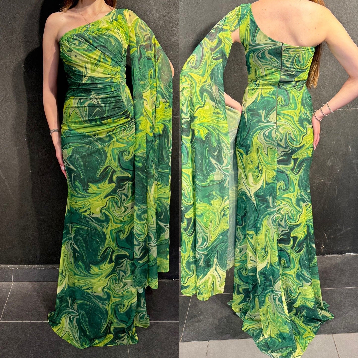 Grünes Maxi-Abendkleid mit asymmetrischem Ausschnitt | Sonderanfertigungen